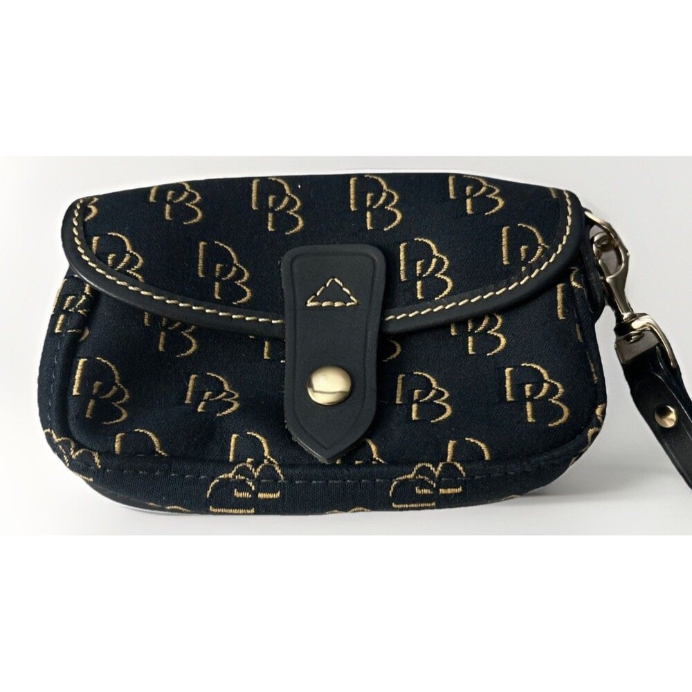 Dooney & Bourke Signature Wristlet Black With Brown Tan Logo Flap Closure